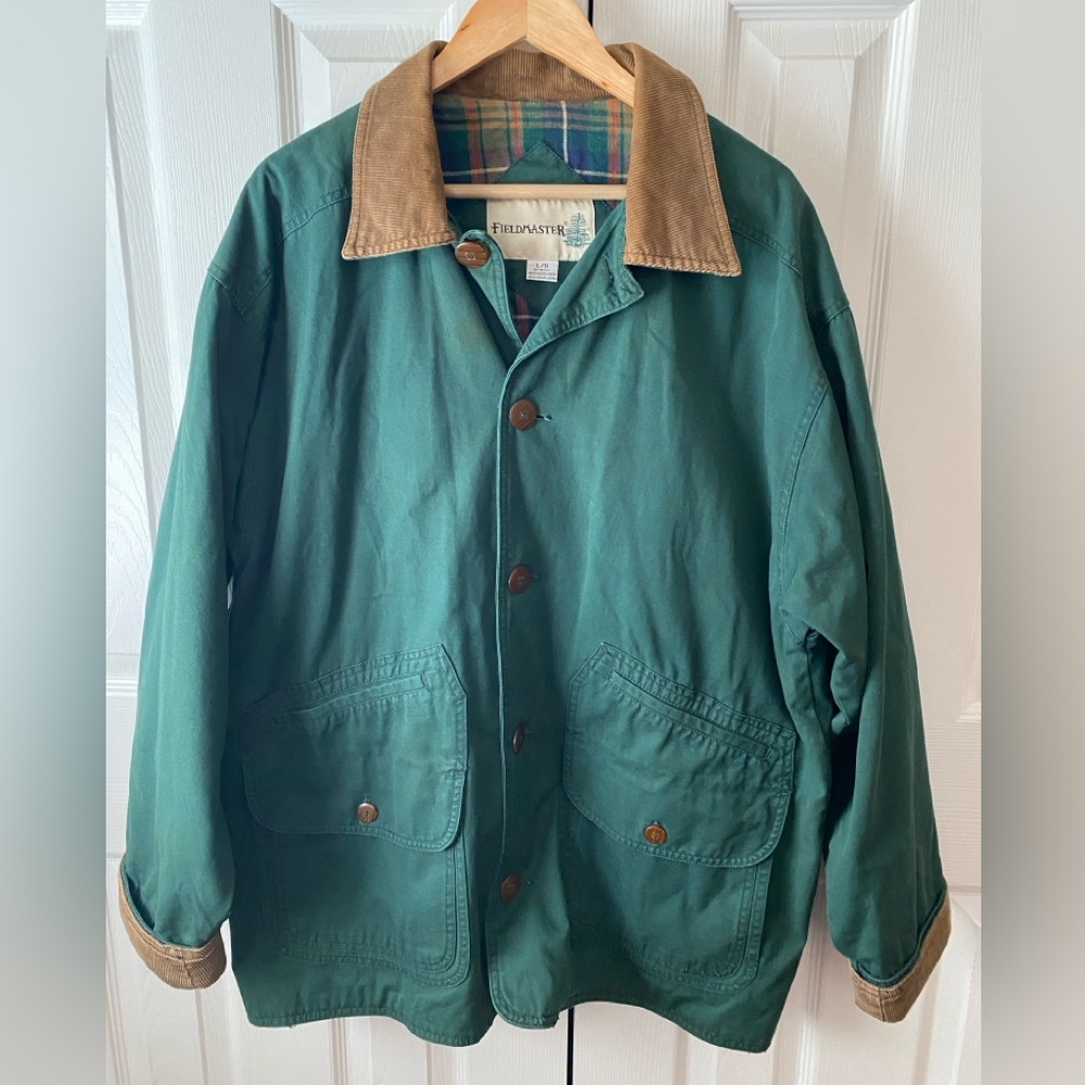 VINTAGE Fieldmaster Forest Green Flannel Lined Corduroy Collar Barn Chore Coat L